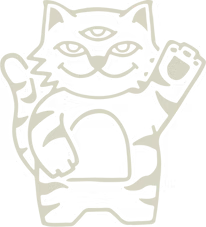 Stylized black and white illustration of a smiling cat with raised paws.