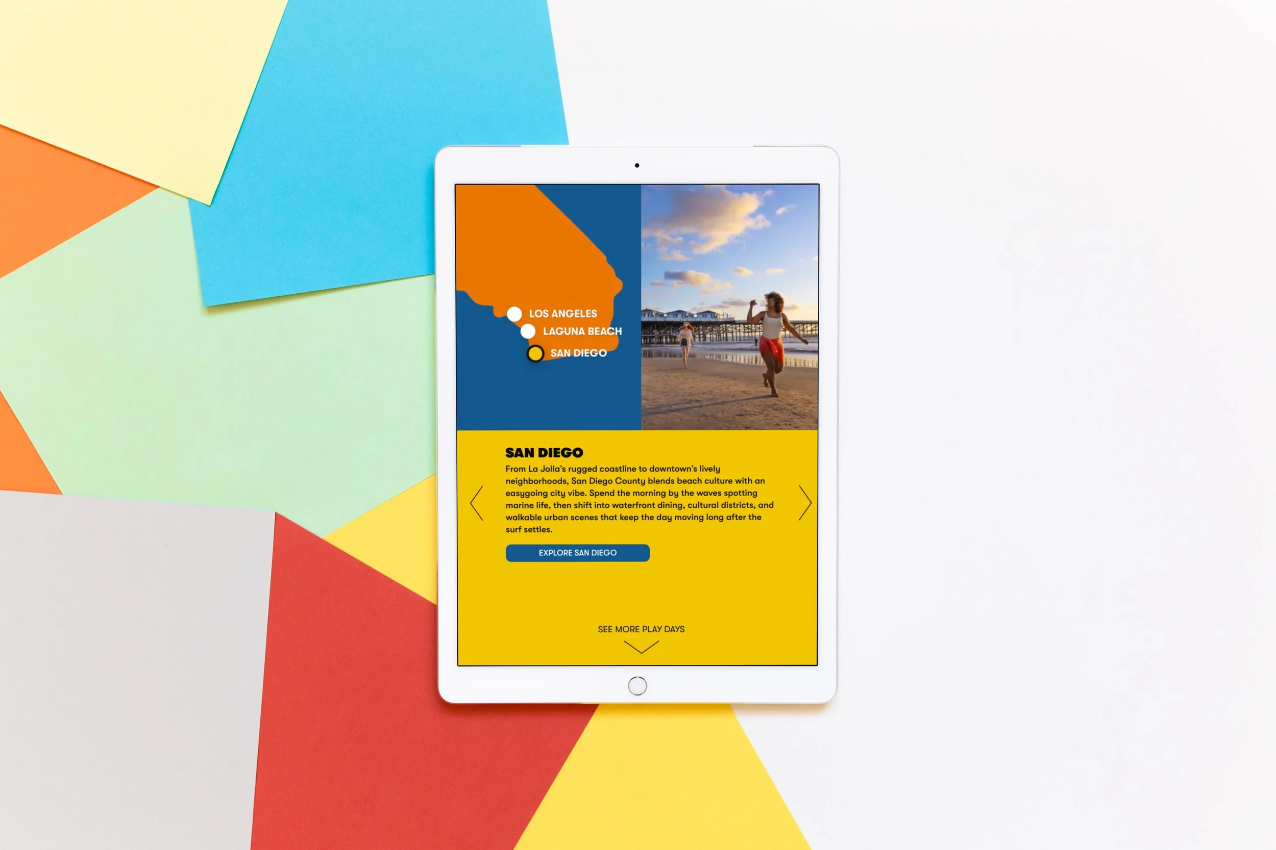 An iPad with a travel guide for San Diego, showing a map highlighting Los Angeles, Laguna Beach, and San Diego, along with a photo of a woman on the beach at sunset.
