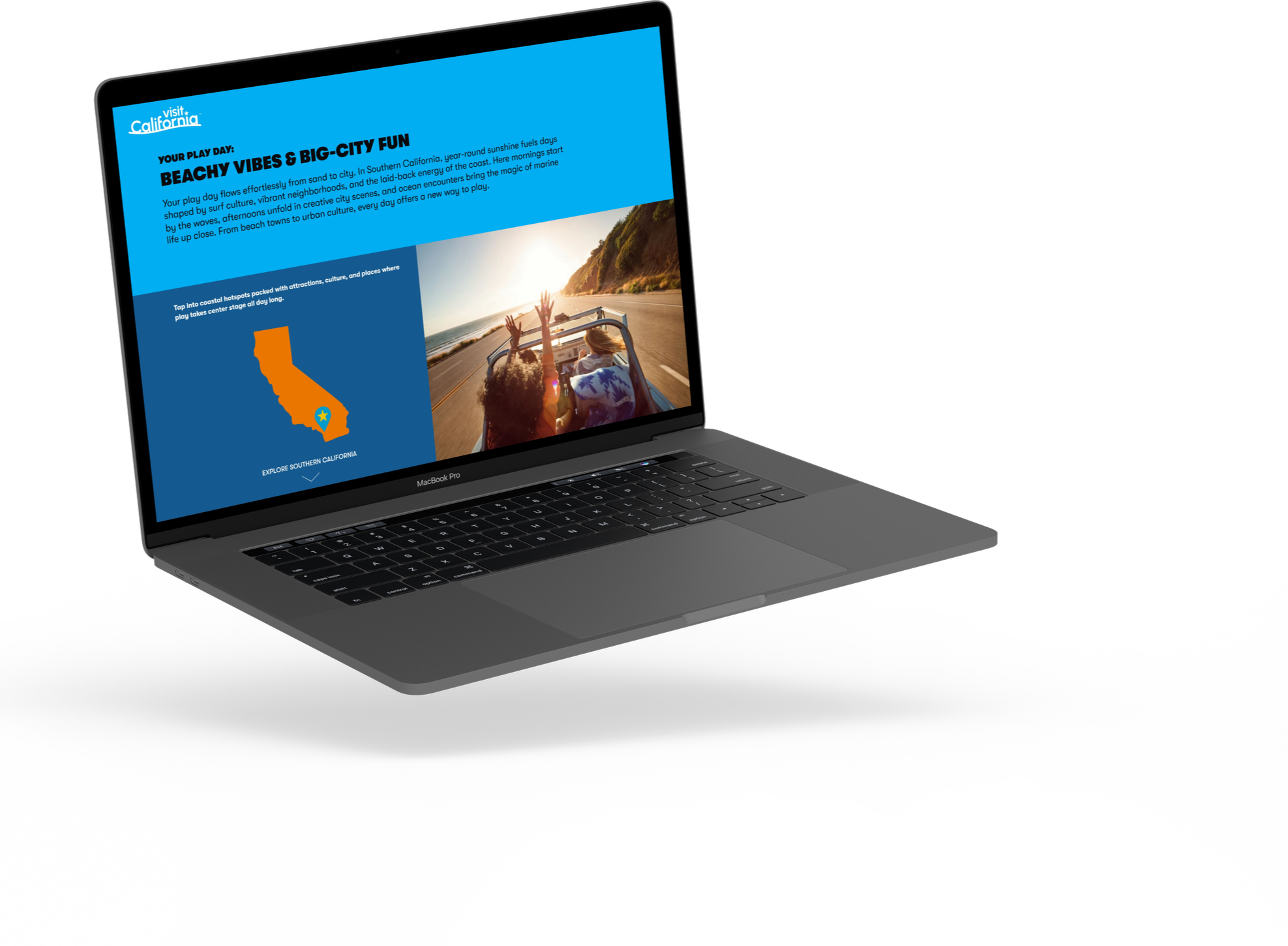 Laptop displaying a webpage about Southern California with a photo of people riding in a car along a coastal road at sunset.