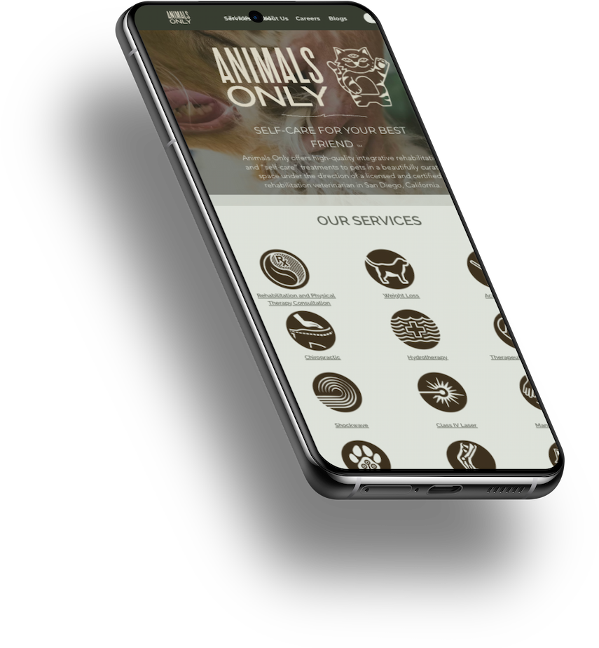Mobile phone displaying the homepage of a website called "Animals Only" with services such as chiropractic care, weight loss, and rehabilitation listed.