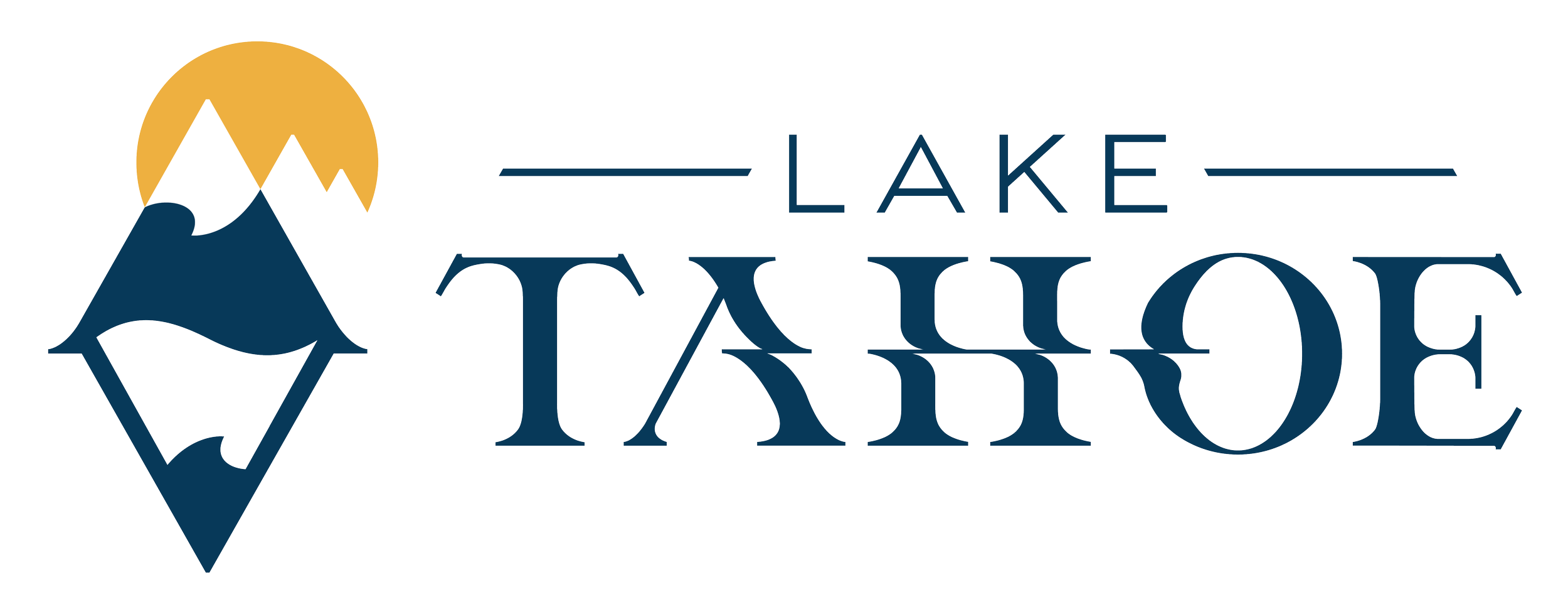 Logo for Lake Tahoe featuring a mountain with a snow cap, a lake, and the text 'Lake Tahoe'