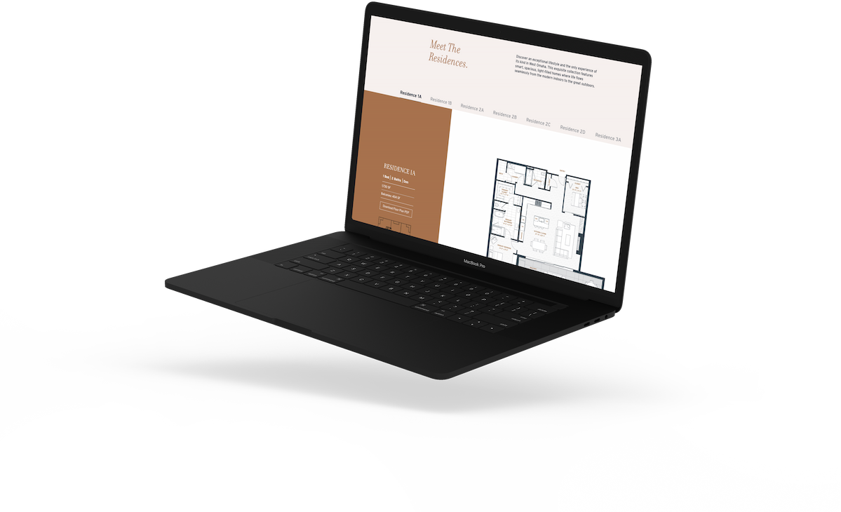 Laptop displaying a real estate website with floor plans of residences.