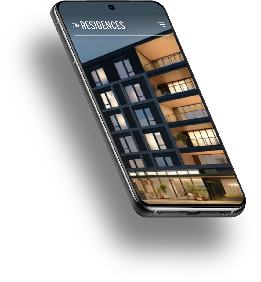Smartphone displaying an app for The Residences with a photo of a modern multi-story apartment building at dusk.