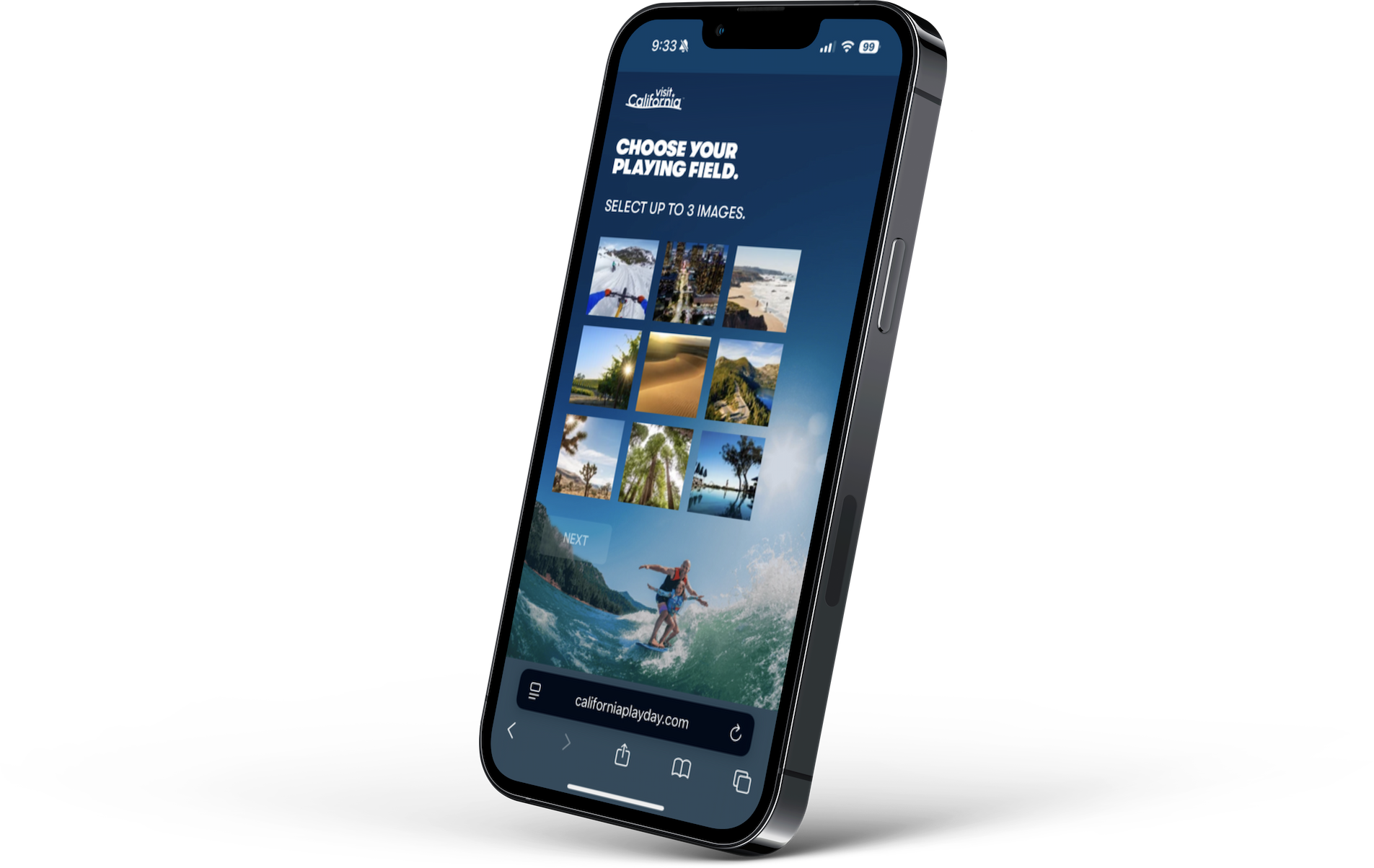 Close-up of a smartphone displaying a travel website for California with scenic landscape images and a surfer.
