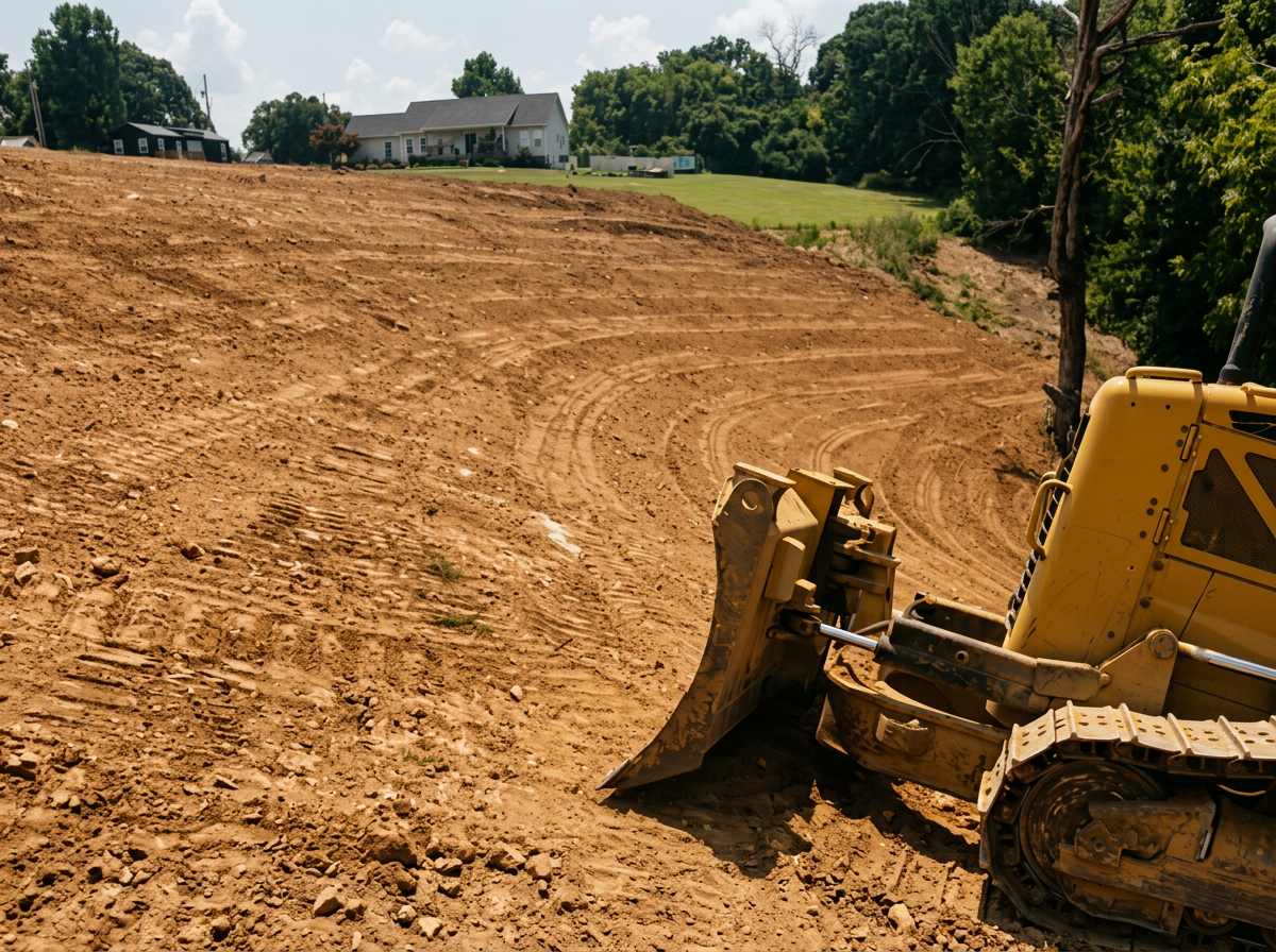 Construction site with a yellow bulldozer grading a dirt slope in a residential area, with houses and trees in the background.