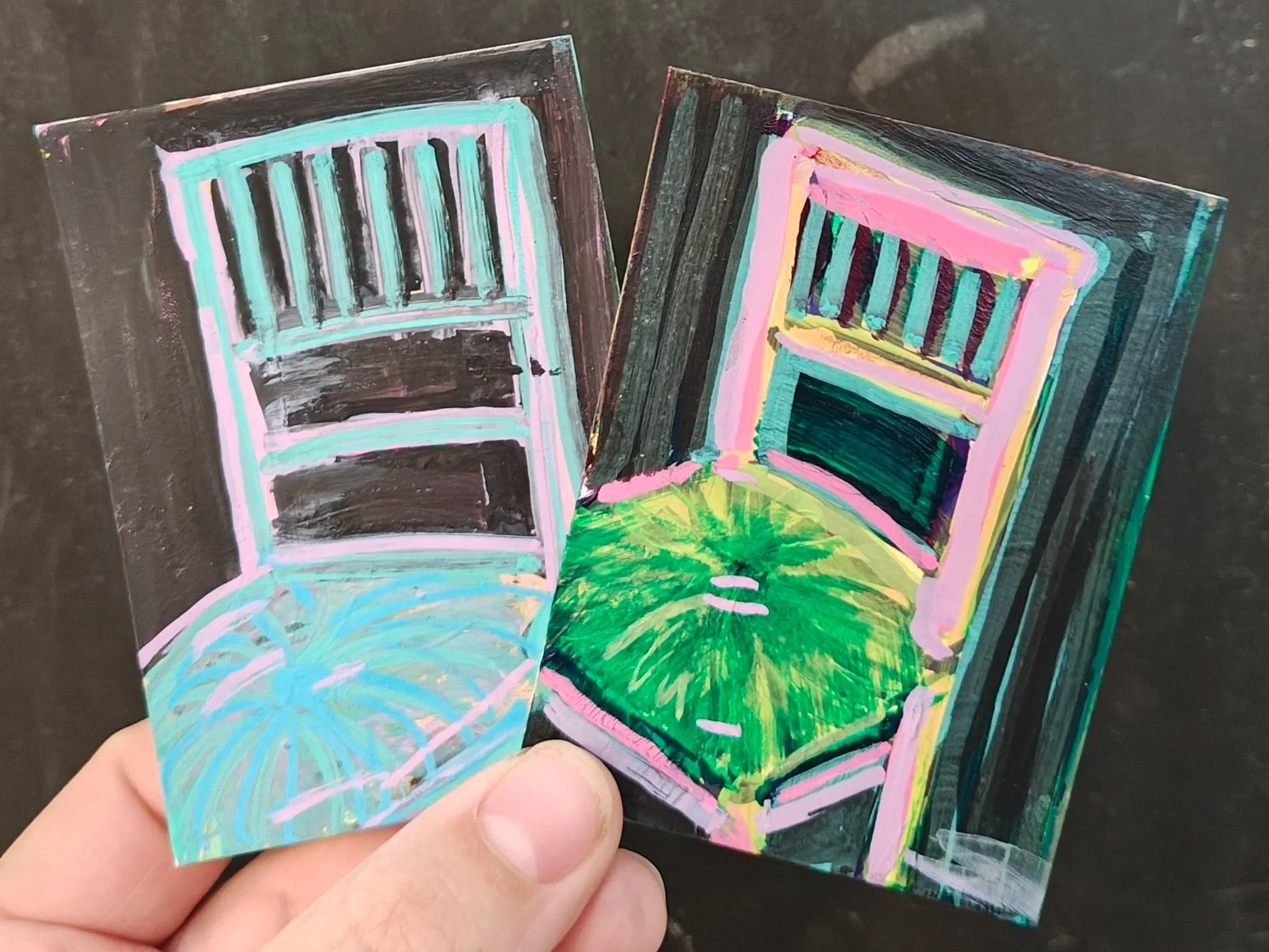Set of 2 Signed Original ACEO Vincent Van Gogh's Chair and Paul Gauguin's Chair (1888) Study
