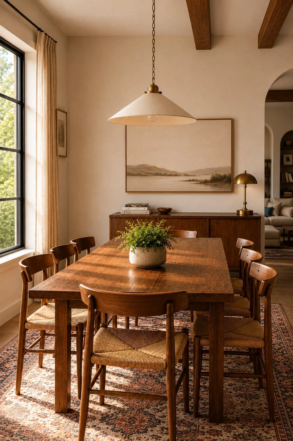 A cozy dining room with a wooden table and eight chairs, a large window with beige curtains, a landscape painting on the wall, a sideboard with books and a lamp, a potted plant in the center of the table, and a patterned rug.