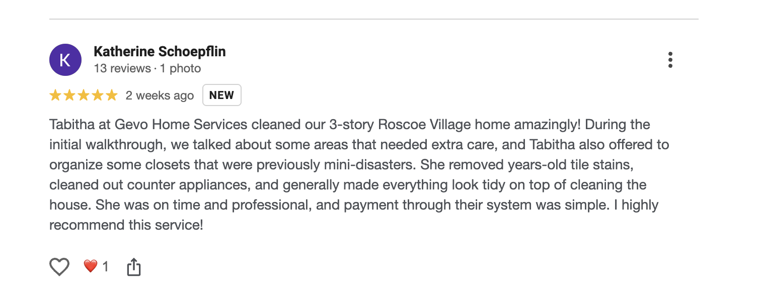 Customer review for a home cleaning service, praising the professionalism, thoroughness, and punctuality of the cleaner.