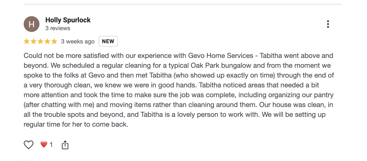 A customer review for Gevo Home Services about a cleaning experience at Oak Park bungalow, praising the cleaner Tabitha for thorough work and attention to detail.