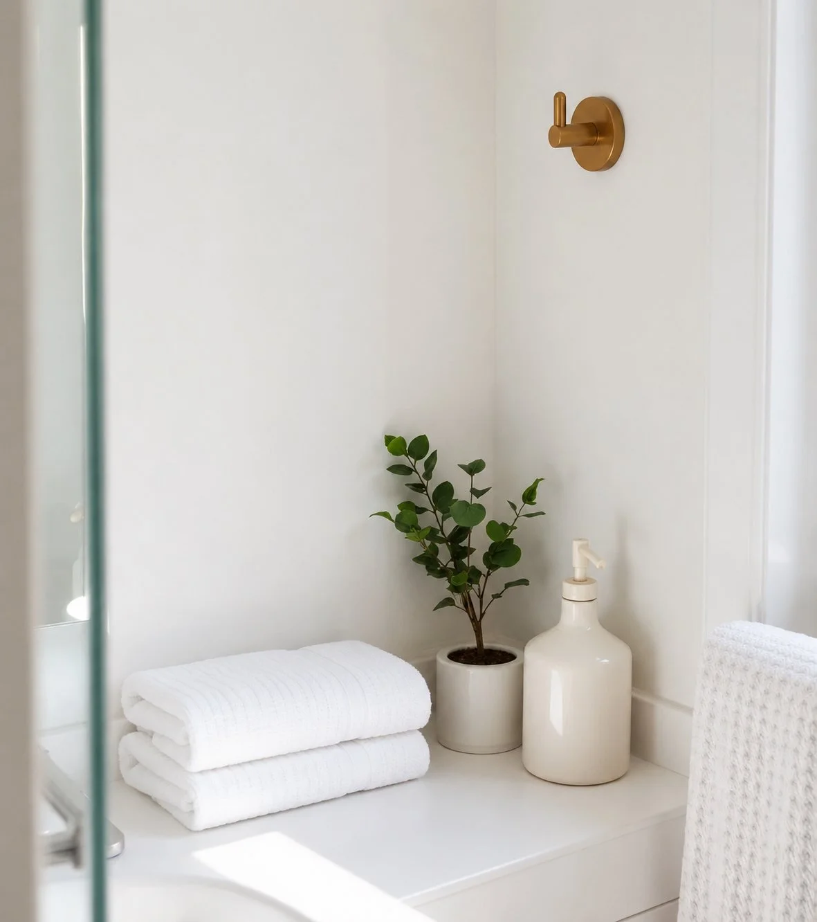 A minimalist bathroom corner with neatly folded white towels, a potted green plant, a white soap dispenser, and a brass wall hook on a white wall.