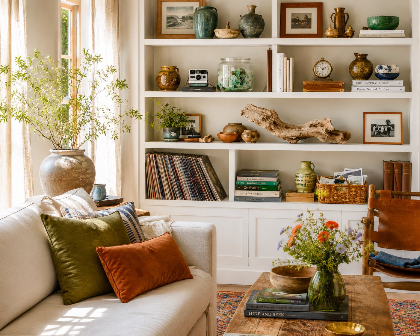 Living room with a cream sofa, colorful pillows, a wooden coffee table with a vase of orange flowers, a large potted plant near a window, and a white bookshelf filled with decorated ceramic vases, framed photos, books, and a vinyl record collection.