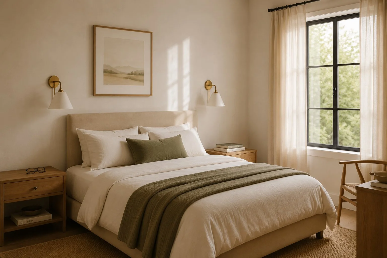 A cozy bedroom with a large bed, white and green pillows, beige headboard, bedside tables with books, and a window with beige curtains letting in natural light, in a minimalistic style.