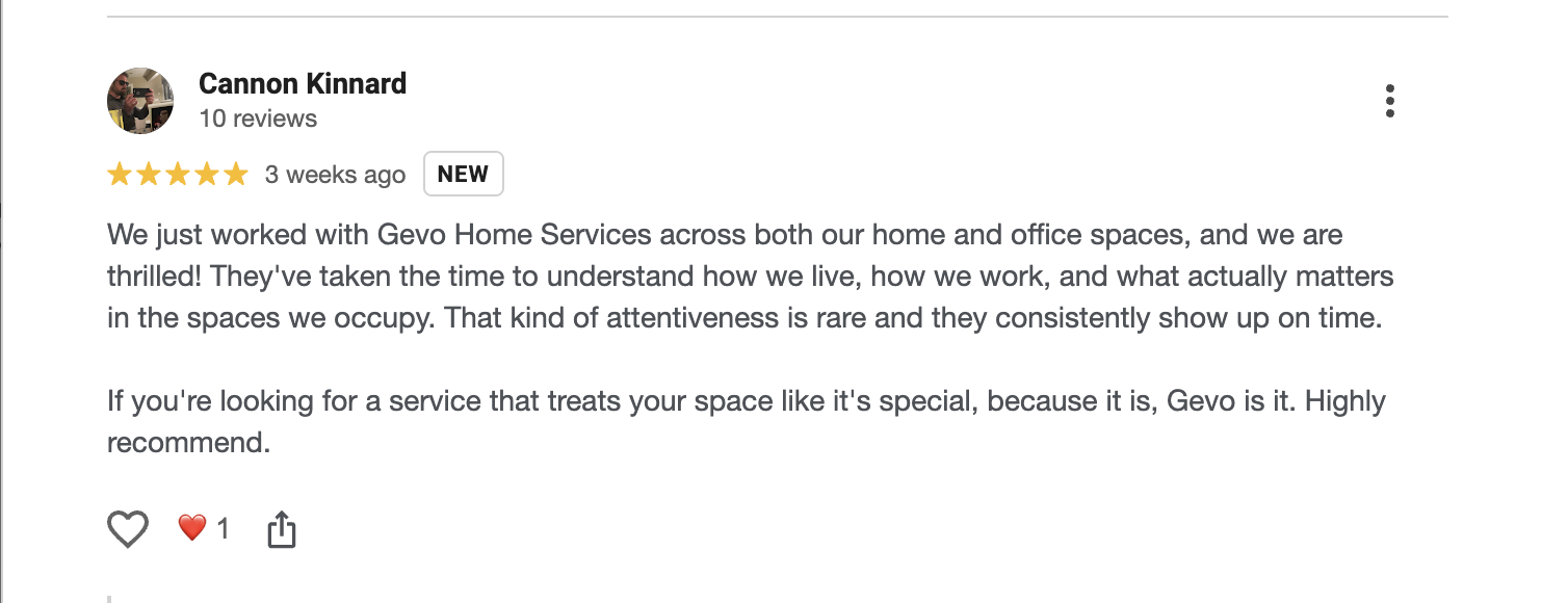 Screenshot of a Google review for Gevo Home Services by Cannon Kinnard, five stars, praising the company's attentiveness and service quality.