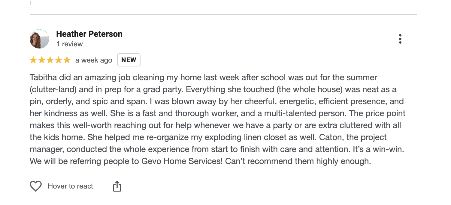 A customer review for Gevo Home Services by Heather Peterson, giving five stars and describing her positive experience with her house cleaning service.