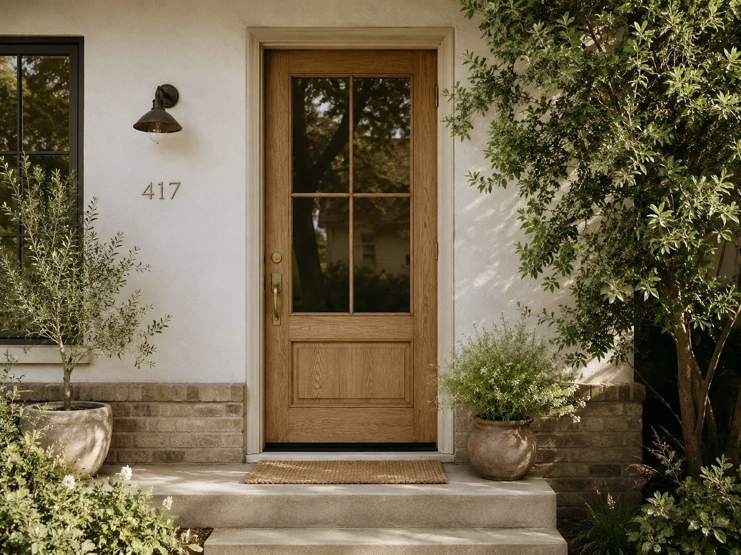 Residential front door with house number 417, wooden frame and glass windowpanes, flanked by potted plants and greenery, with a black exterior light fixture to the left.