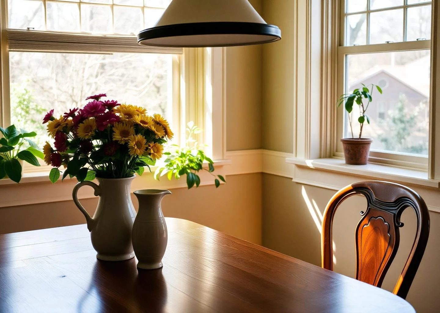 A wooden dining table with a white ceramic pitcher and a smaller vase, both holding flowers, in a sunlit room with large windows, potted plants on the windowsills, and a wooden chair with an ornate backrest.