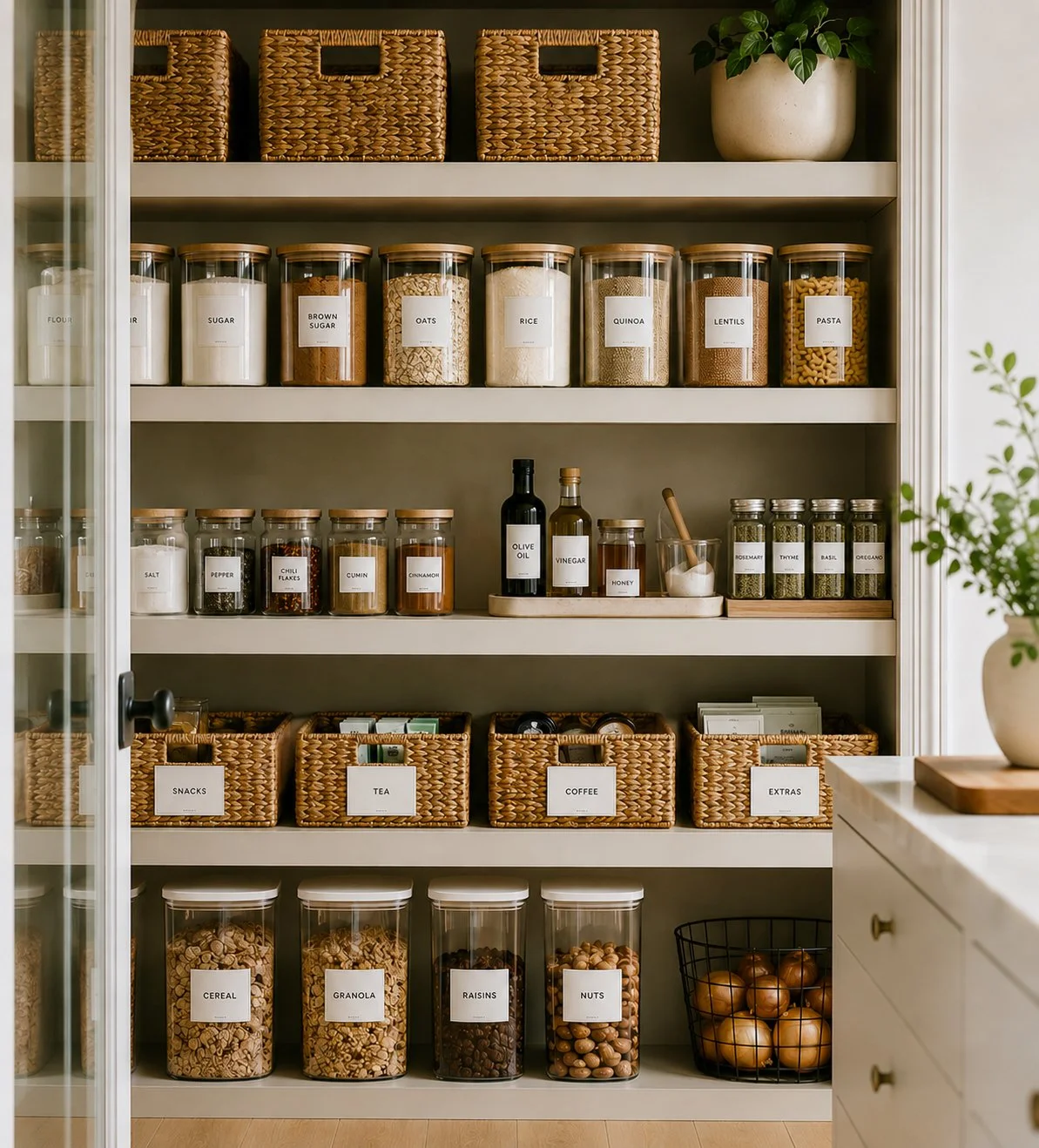 Pantry shelves with labeled jars and baskets containing grains, spices, snacks, and other food items, as well as bottles of olive oil, vinegar, honey, and herbs, with a plant on the right side.