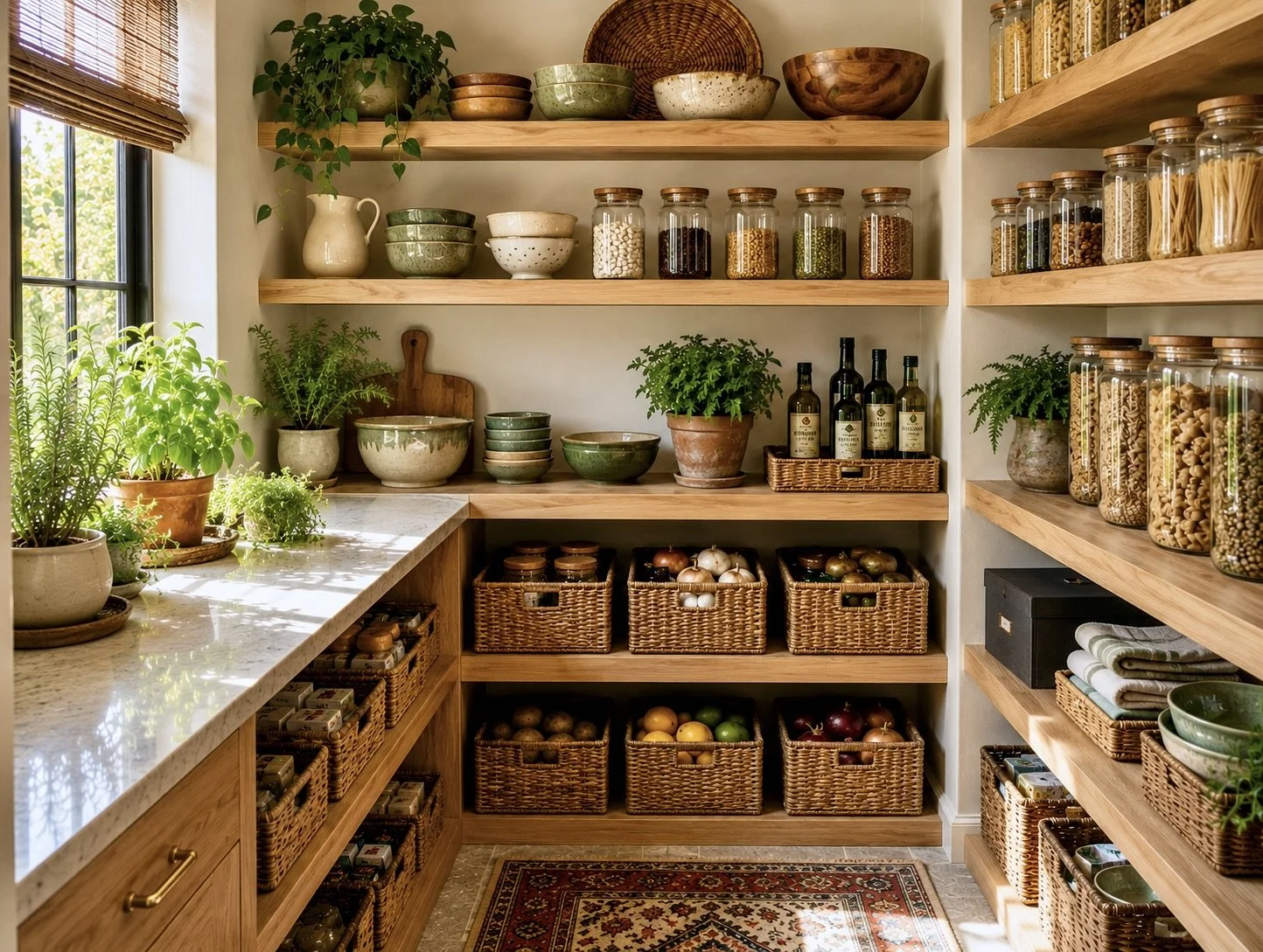 Pantry with wooden shelves containing glass jars of pasta and grains, baskets of onions, apples, and potatoes, potted herbs, and ceramic bowls.