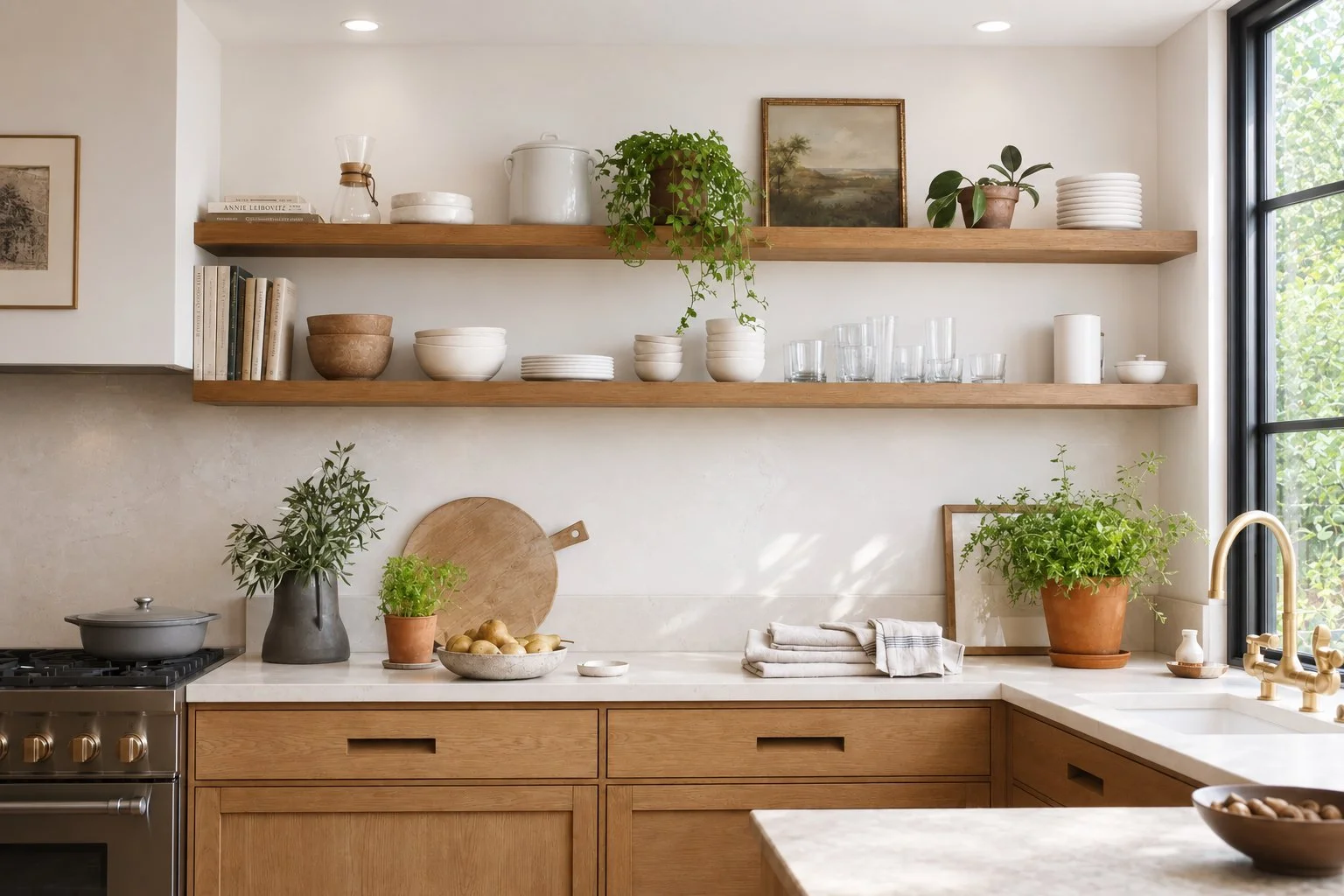 A kitchen with a white wall, two wooden open shelves with dishes, glasses, and art, a marble countertop with plants and kitchenware, and a large window with black framing showing greenery outside.
