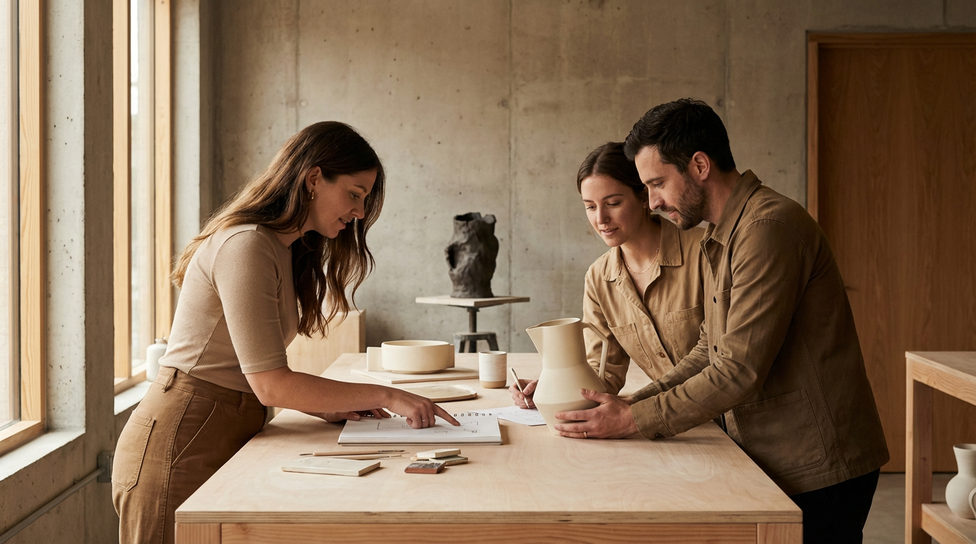Three people in a pottery studio examining and discussing a large white ceramic vase on a wooden table.