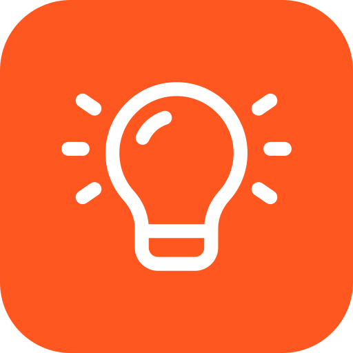 Icon of a lightbulb with rays on an orange background.