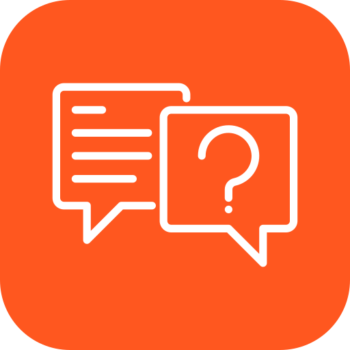 Icon of two speech bubbles, one with lines of text and the other with a question mark, on an orange background.