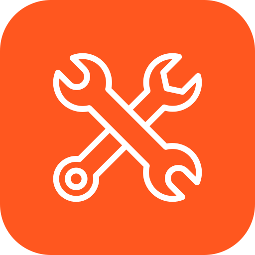 Icon of crossed wrench and screwdriver, on an orange background.