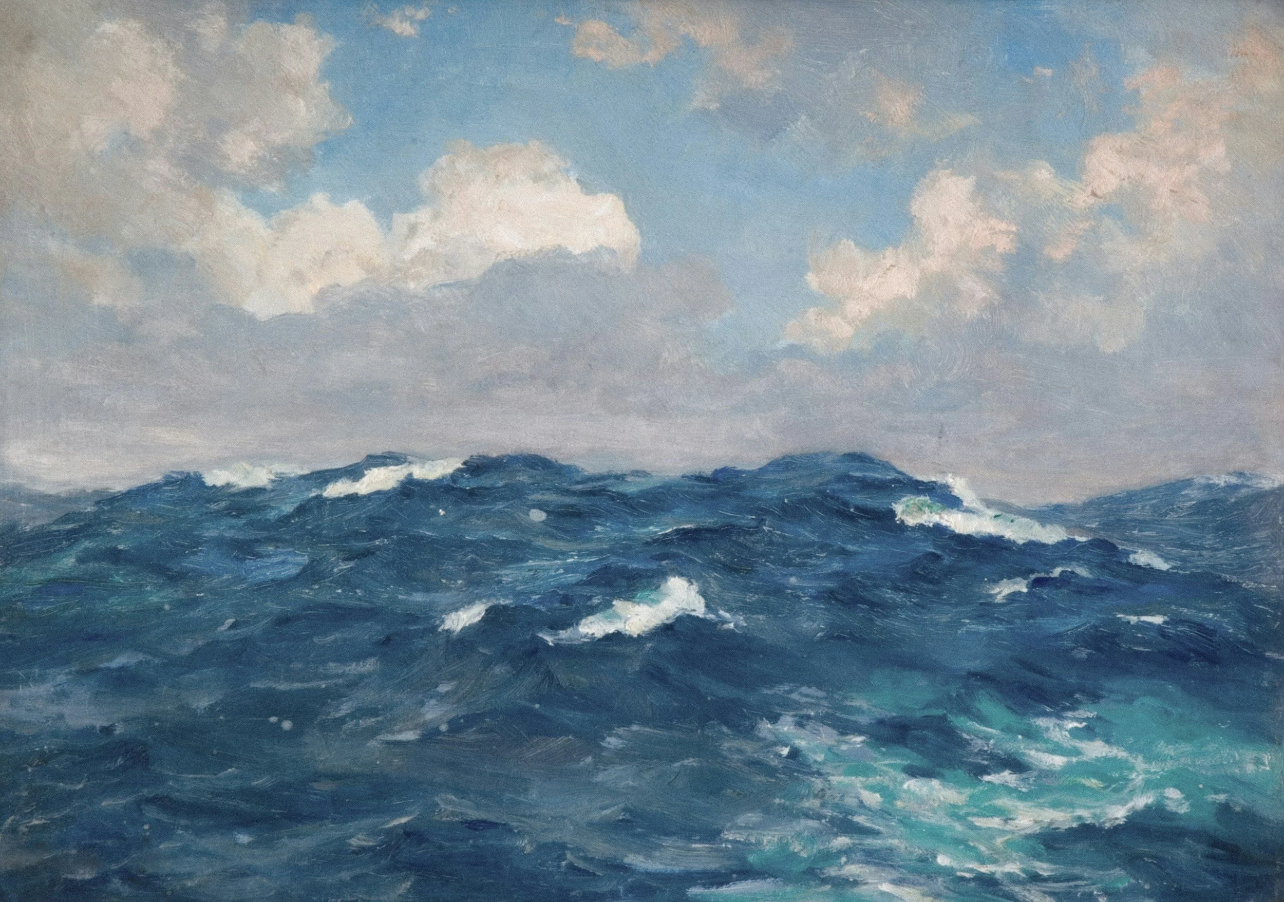 An oil painting of a turbulent ocean with dark blue waves and white foam under a cloudy sky with patches of blue.