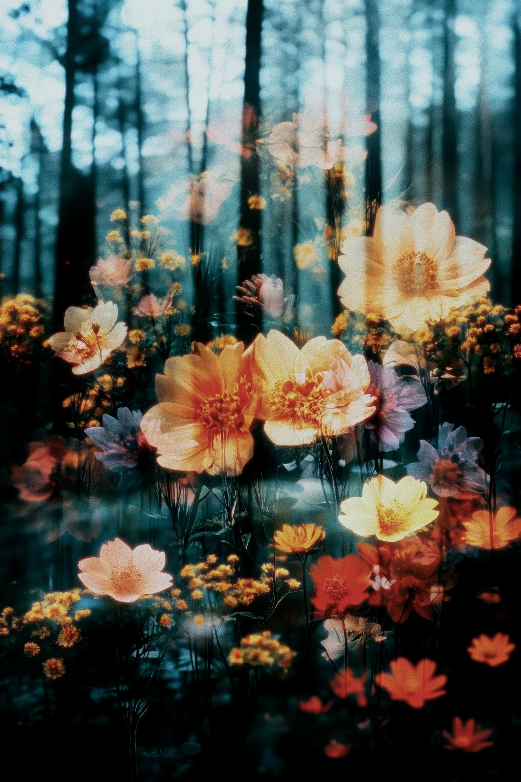 A double exposure image showing a forest with tall trees and a field of flowers with large, light-colored petals in the foreground.
