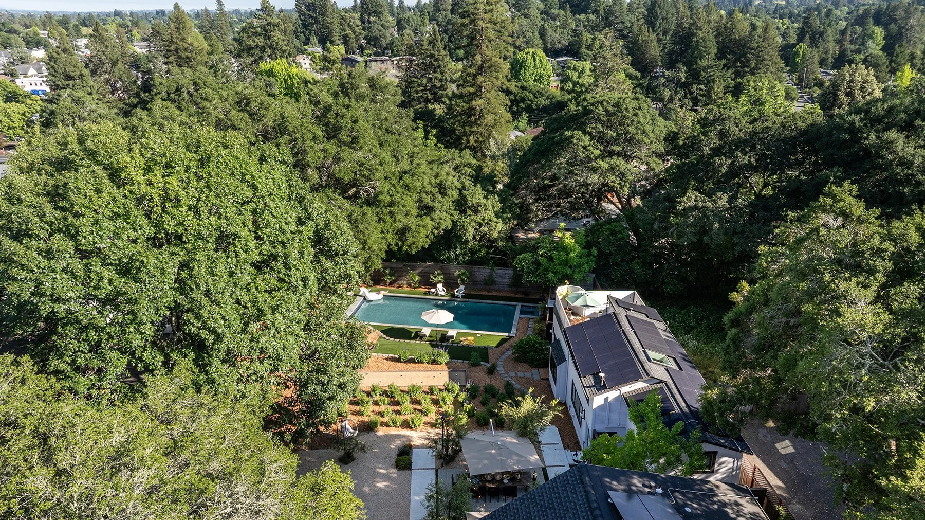 An aerial view of a backyard with a rectangular swimming pool, surrounded by a lush green garden with trees, shrubs, and a patio area with umbrellas and chairs. There is a house adjacent to the pool with solar panels on the roof, and a pathway leading to other parts of the yard, set in a neighborhood with many trees and houses.