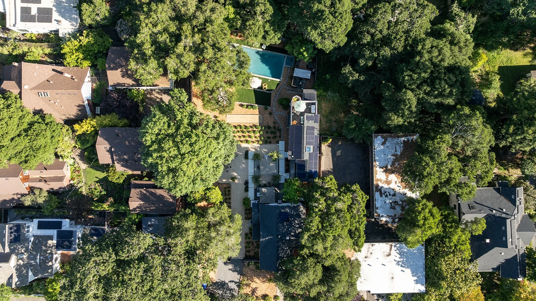An aerial view of a residential backyard with a swimming pool, surrounded by trees and neighboring houses.