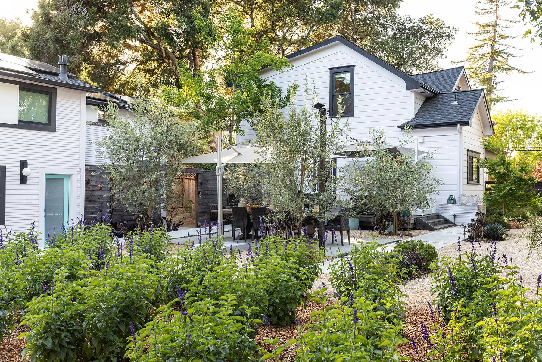 A backyard with a white house, surrounded by trees and shrubs, featuring an outdoor dining table with six chairs and an umbrella, and a garden with purple flowers in the foreground.