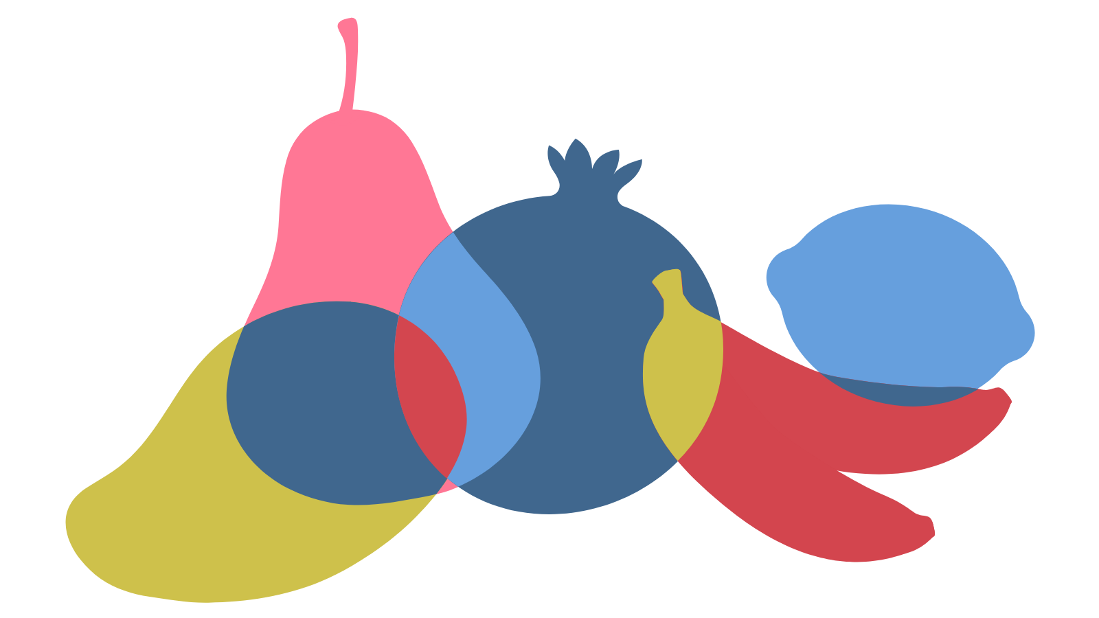 Abstract illustration of various fruits in overlapping silhouette shapes with color overlays, including a pear, tomato, lemon, lemon, blueberry, and banana.