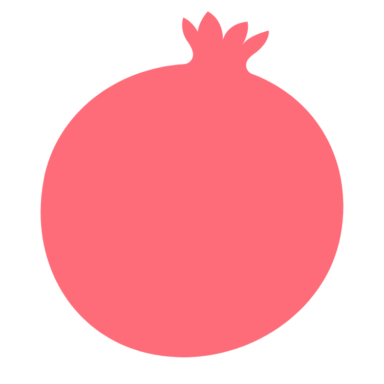 A simple, flat illustration of a pink pomegranate with a small crown at the top.