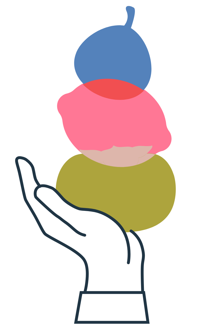 An outline of a hand holding a stack of four colorful abstract shapes resembling a stack of rocks or objects, in blue, pink, beige, and green.
