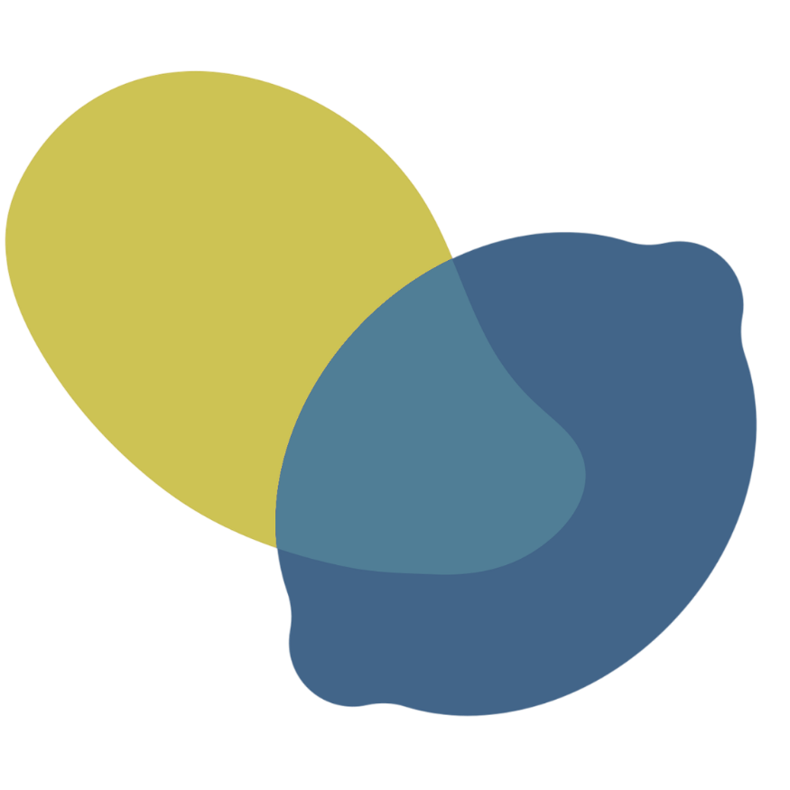Colorful abstract overlapping shapes in blue, yellow, purple, and dark shades.