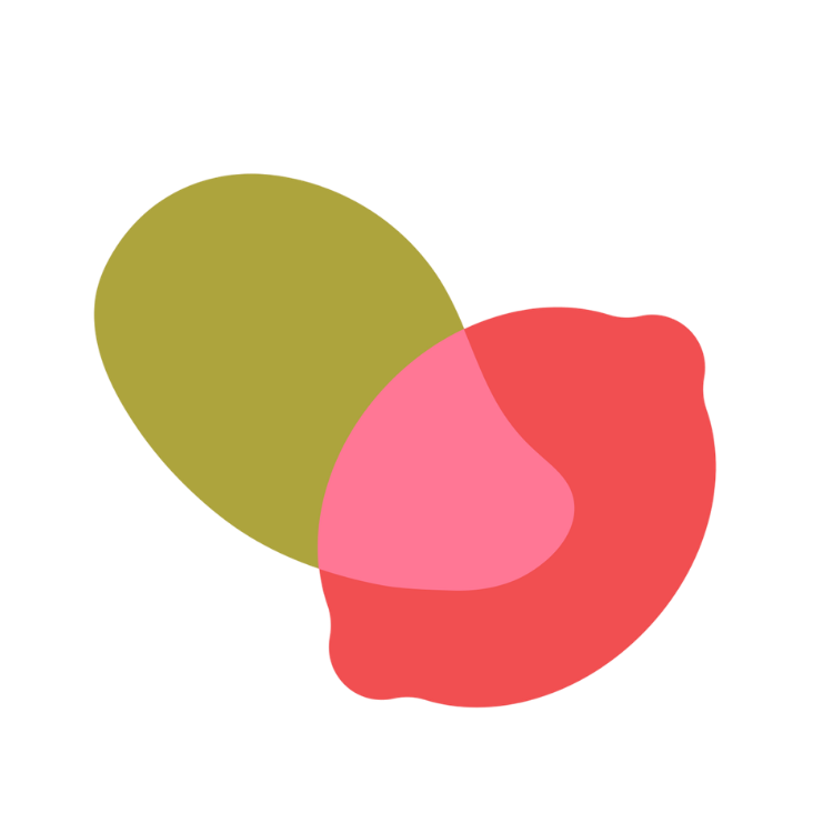 A Venn diagram with three overlapping circles in yellow, pink, and red. The overlapping areas are shaded in different colors.