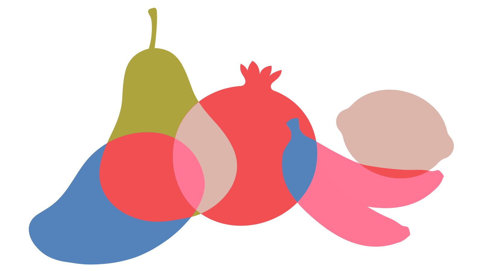 Abstract illustration of various fruits in overlapping silhouette shapes with color overlays, including a pear, tomato, lemon, lemon, blueberry, and banana.