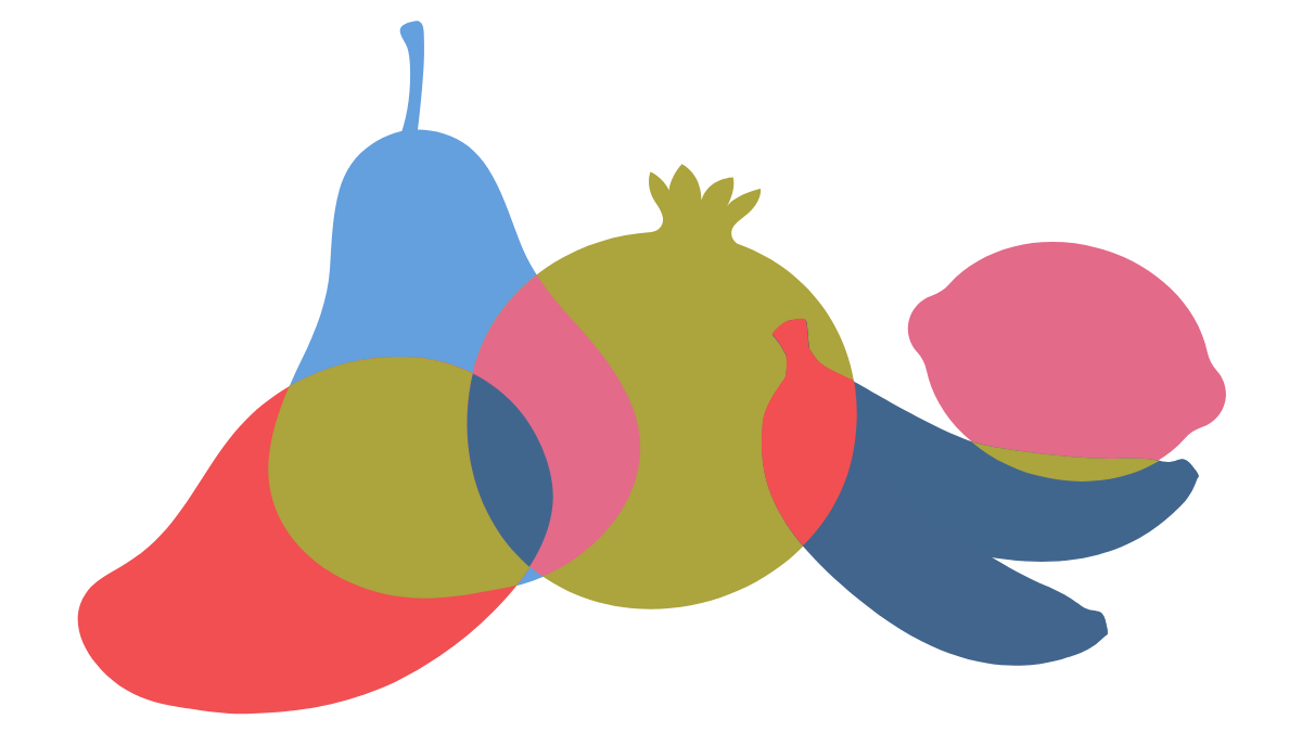 Colorful overlapping abstract shapes resembling fruits such as a pear, apple, pineapple, mango, and banana.