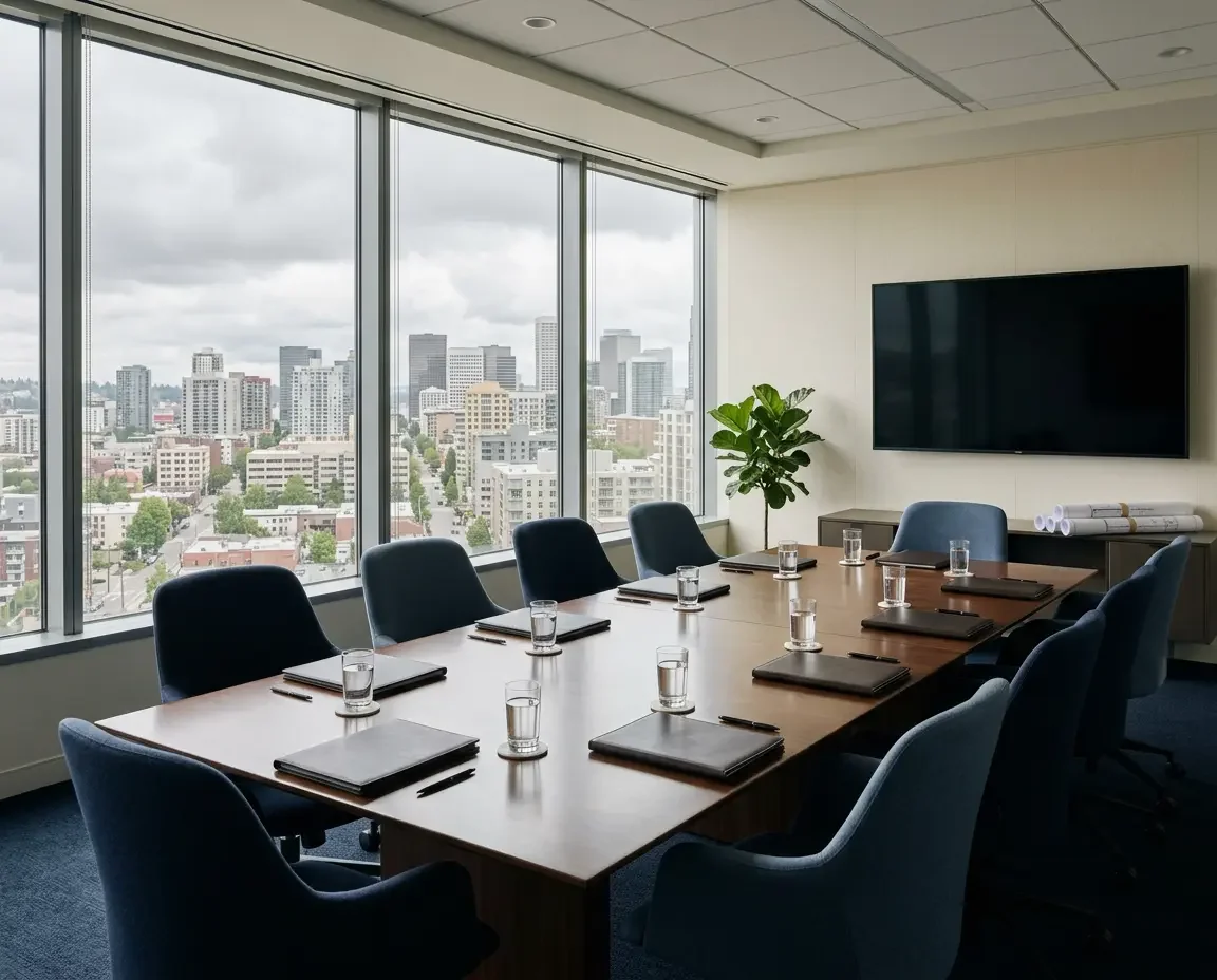 High-rise conference room with a long dark wood table set with leather folios, pens, and water glasses, navy upholstered chairs, a blank wall-mounted screen, and floor-to-ceiling windows overlooking an overcast city skyline.