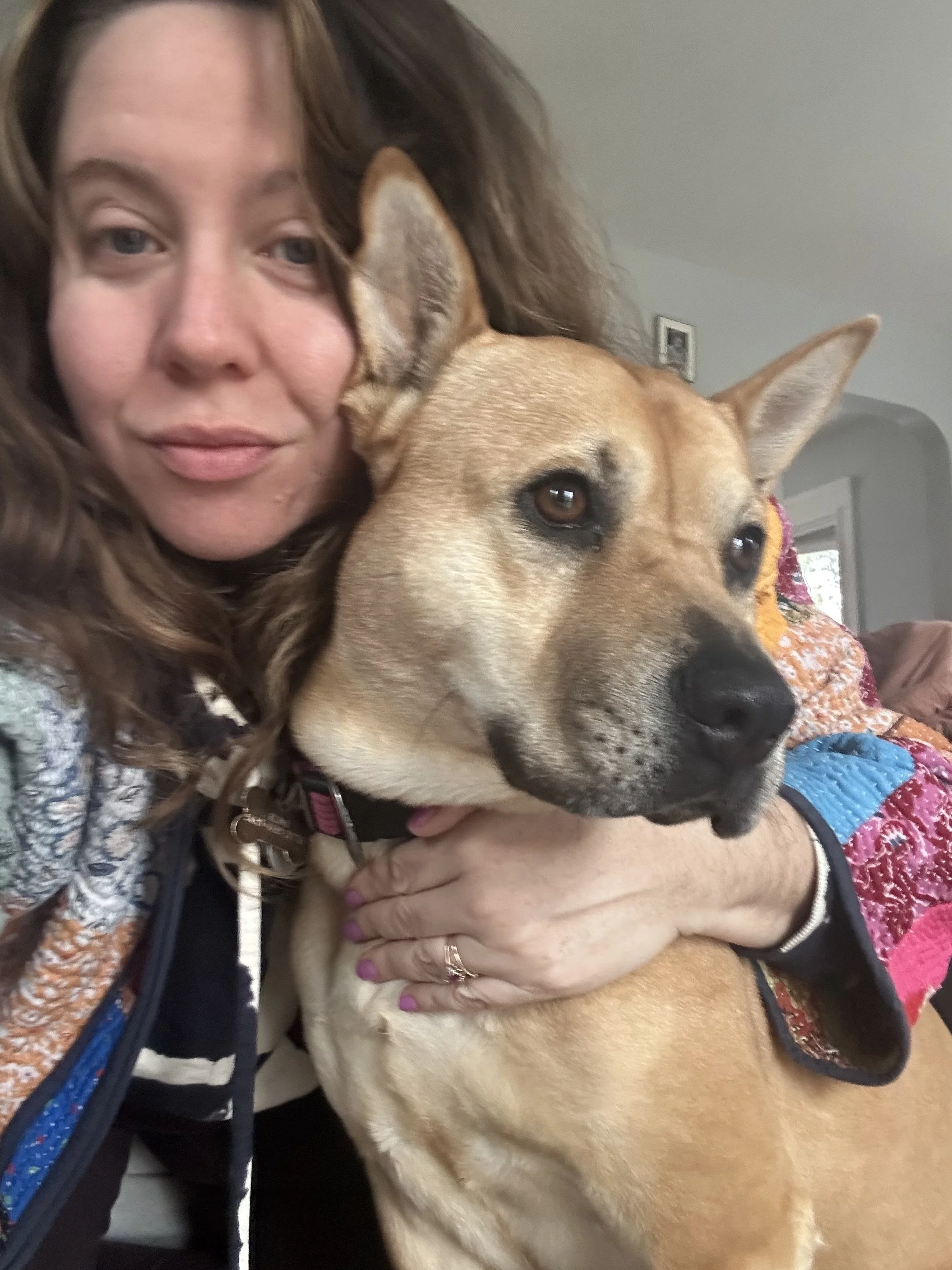 A woman with long brown hair hugging a large tan-colored dog with pointed ears and dark eyes inside a room.