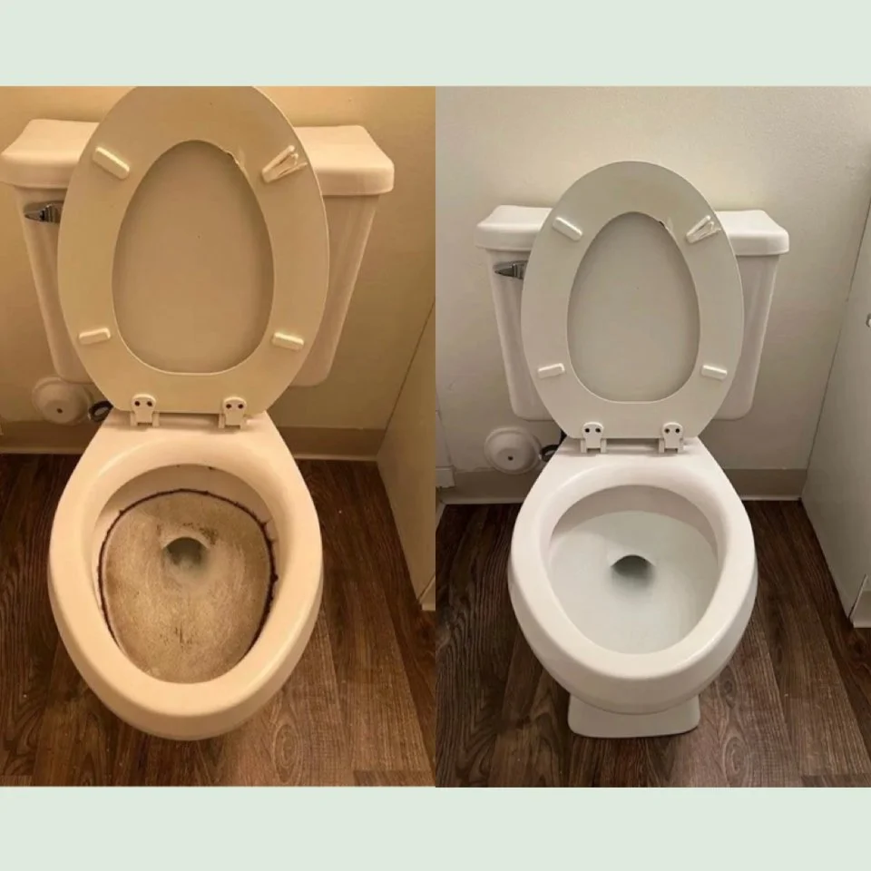 Side-by-side comparison of two toilets, before and after cleaning. The left toilet is dirty with stained and grimy bowl, while the right toilet is clean with a spotless bowl.