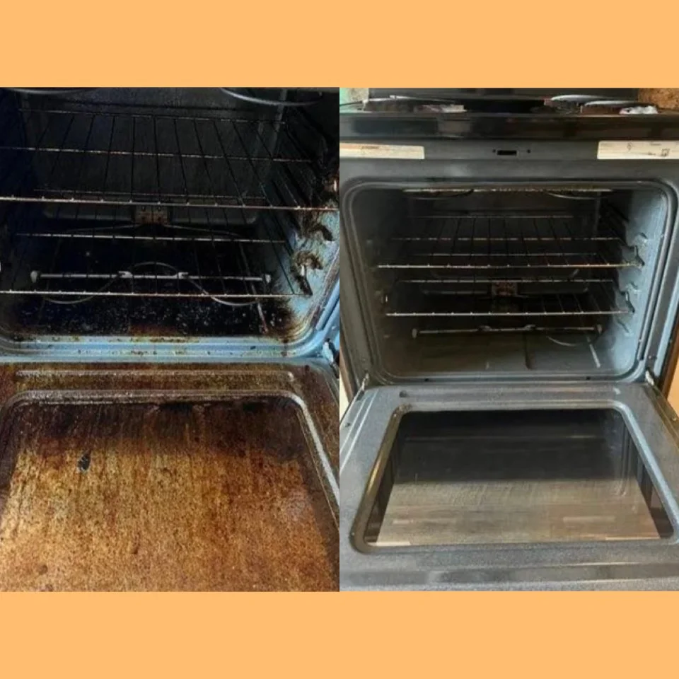 Comparison of two oven interiors: one very dirty with burnt-on grime and the other clean with a shiny interior.