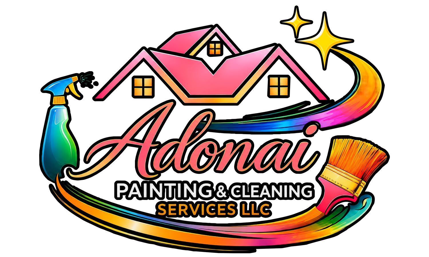 Colorful logo for Adonai Painting & Cleaning Services LLC, featuring a house, a spray bottle, a paintbrush, and stars, with rainbow accents on a black background.