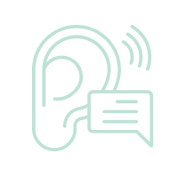 Icône d'une oreille avec un symbole de communication ou de conversation.