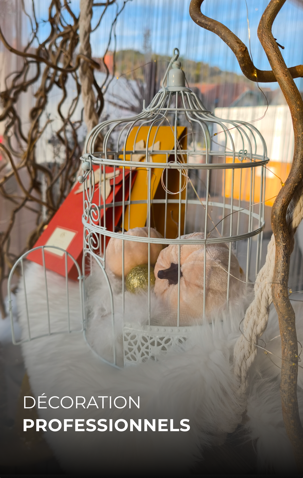 Une cage blanche en métal contenant des décorations de Noël, comme une boule de Noël dorée et une étoile noire, posée sur un tissu blanc pelucheux. La cage est entourée de branches d'arbre dénudées et des guirlandes lumineuses. En arrière-plan, on peut voir un ciel bleu avec des toits de maisons et une colline.