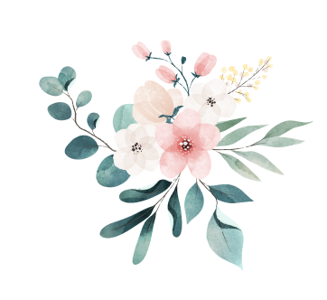 Un bouquet de fleurs pastel avec des feuilles vertes et des accents floraux.