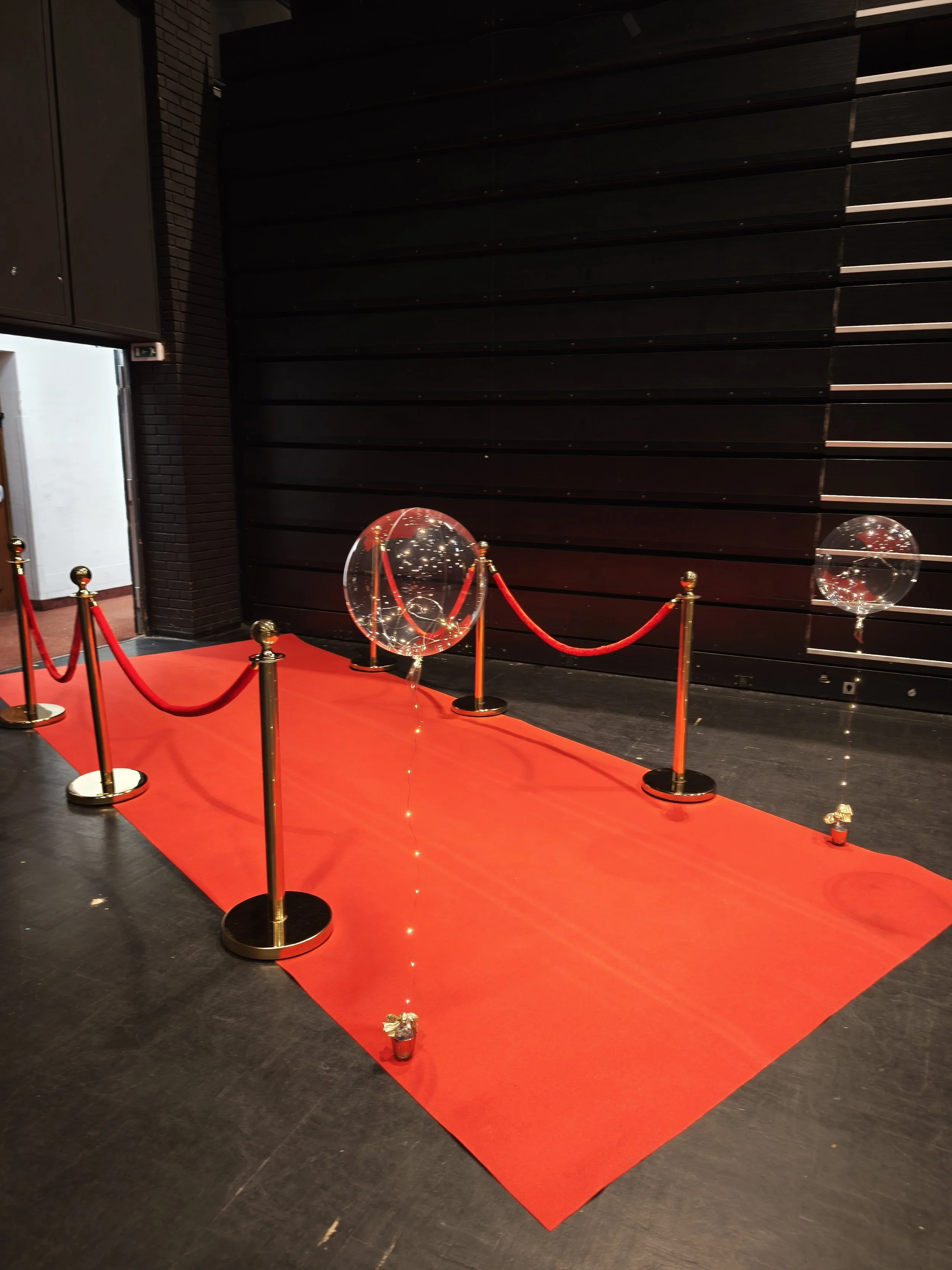 Un tapis rouge bordé de cordelette avec des barrières en or, en évidence deux globes en verre transparent avec des lumières scintillantes à l'intérieur, photo prise lors d'une cérémonie ou événement spécial.