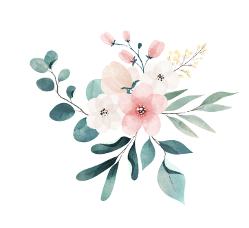 Bouquet de fleurs avec différentes fleurs roses, blanches et vertes au style aquarelle.