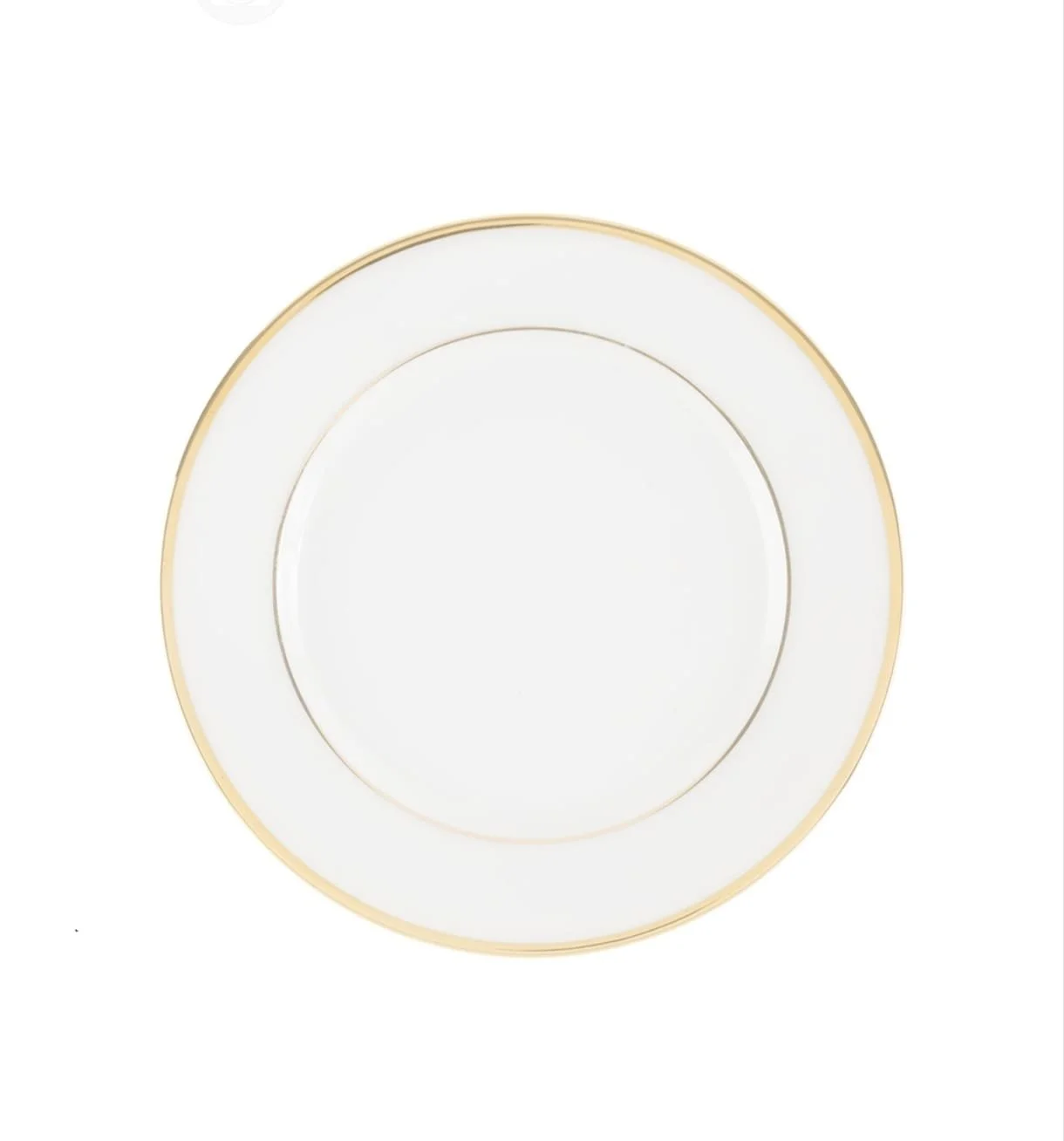 Une assiette blanche élégante avec une fine bordure dorée.